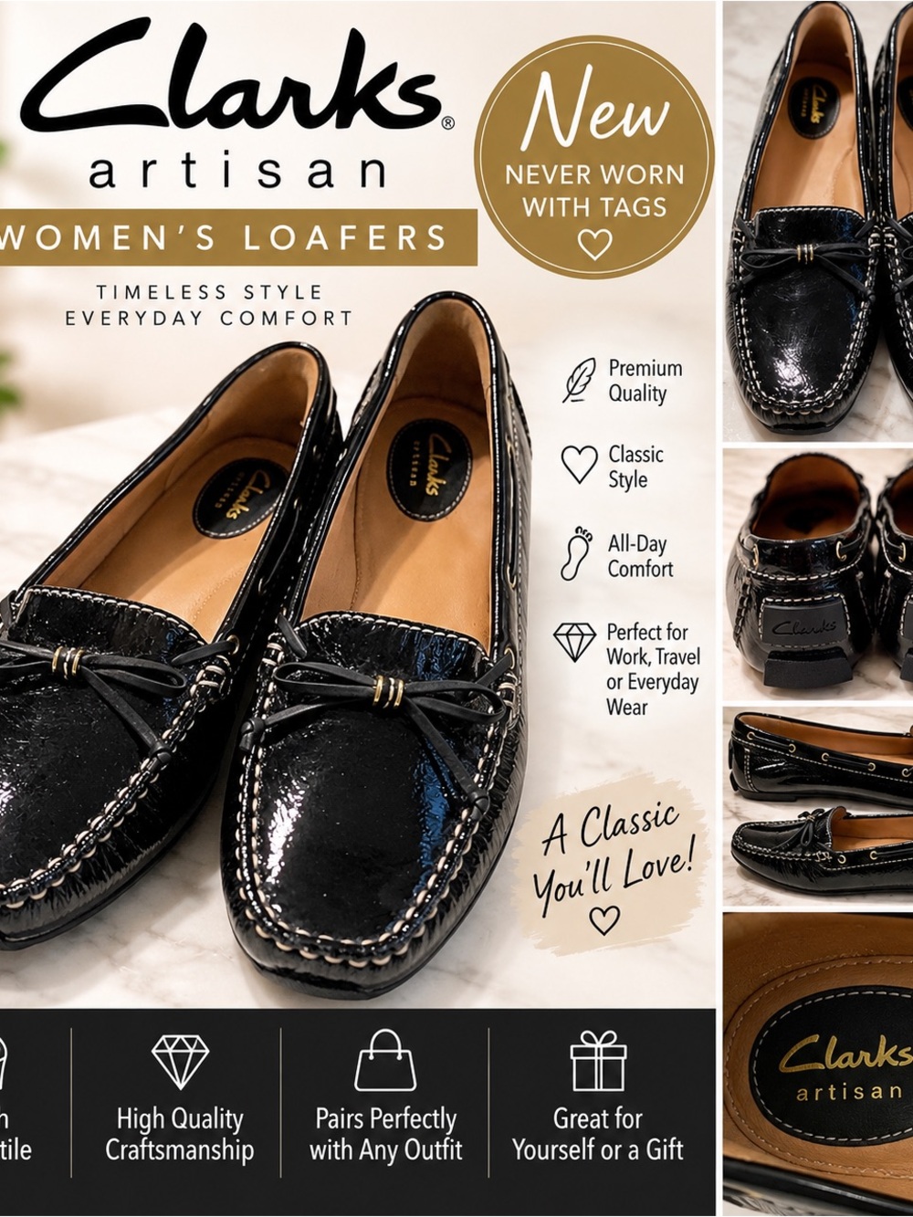Clarks Artisan Black Patent Leather Loafers Women’s Size 11 NWT.